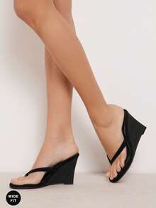 SHUZIA Sandal đế xuồng dáng rộng tối giản bằng da lộn giả, dành cho nữ. - màu đen - Xem 2