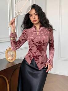 EastFlair 女士碎花图案纽扣上衣，中国风 - 珊瑚粉 - 查看 6