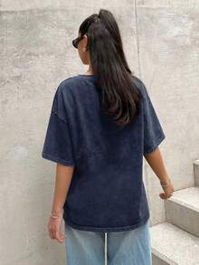 SHEIN EZwear 女士海军蓝复古做旧宽松休闲T恤，春夏女式超大码T恤，落肩T恤，深蓝色上衣，宽松版型上衣，落肩T恤，女士休闲装，夏季女式上衣，女士纯棉上衣 - 藏蓝色 - 查看 2