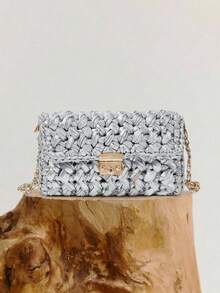 SHECARRY 女士金属银色时尚编织斜挎包/手拿包，用途广泛，适合日常、通勤、情人节、假日、派对、节日等场合。 - 亮銀色 - 查看 2