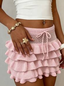 Selianne Elegant Frill Trim Tie-Up Women's Hollow Out Knit Skirt, Spring/Summer - Pink - View 4