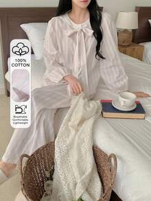 DAZY 2pcs Elegant Tie Bow Collar Striped Women Pajama Set, Autumn - Baby Pink - View 1