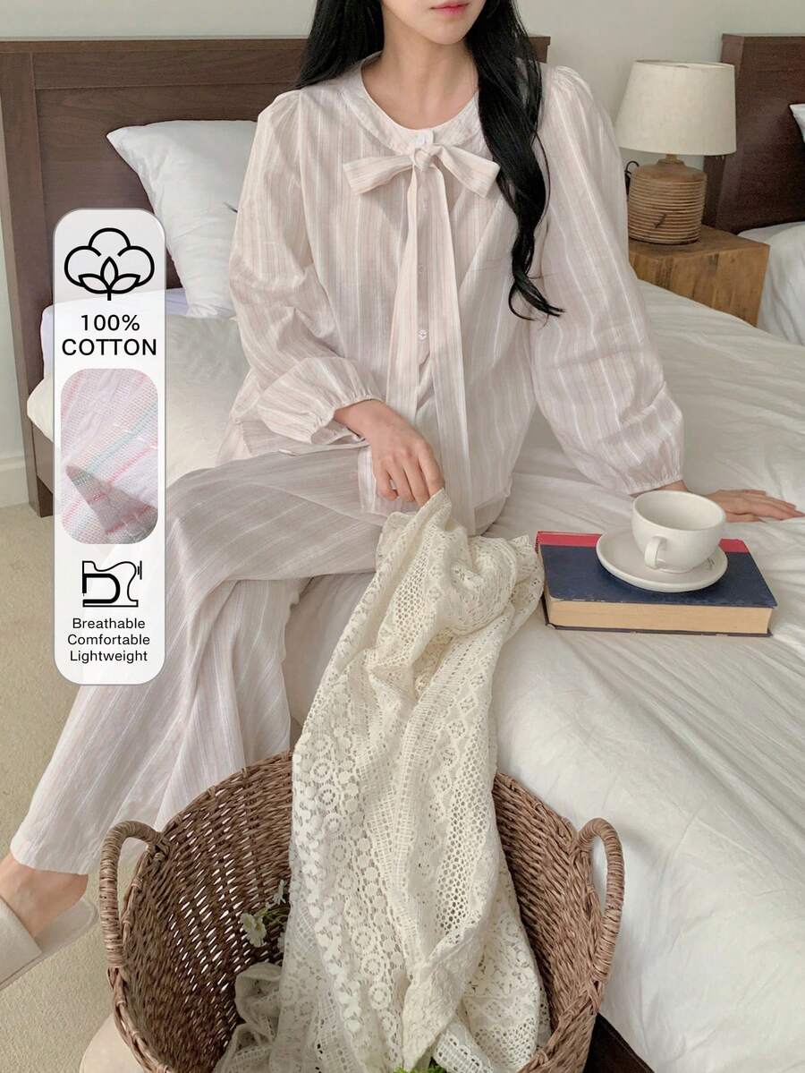 DAZY 2pcs Elegant Tie Bow Collar Striped Women Pajama Set, Autumn - Baby Pink - View 1