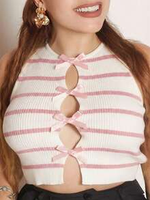 Lupita Cardoza 女士蝴蝶结装饰条纹无袖针织上衣 - 粉色 - 查看 3