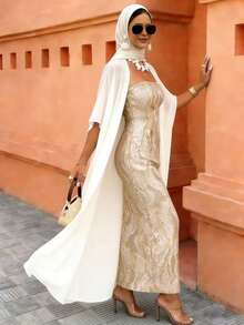 Elenzga 2025春夏高端极简蓝抹胸白披肩领连衣裙 - 黃色 - 查看 4