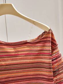 SHEIN 2件套少女针织镂空条纹里衬不对称肩长袖T恤和短裤套装，休闲，双层缝制不透明，适合春夏日常穿着 - 彩色 - 查看 6