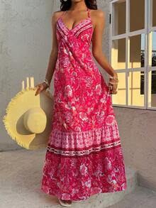 SHEIN 波西米亚粉色数码印花修身度假风深V领露背系带连衣裙。波西米亚风格，蓬蓬裙摆，完美适用于度假、海岛、派对和海滩。 - 彩色 - 查看 5