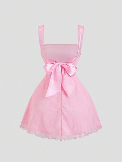 Sweetra 女士夏季粉色方领网纱蝴蝶结露背蝴蝶装饰迷你连衣裙