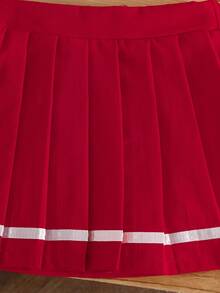 SHEIN 女婴蝴蝶结樱桃印花Polo衫搭配百褶迷你裙套装，时尚日常穿着 - 紅色 - 查看 3