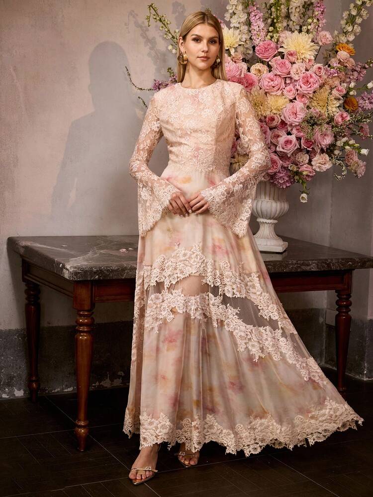 MOTF Soiréza ELEGANT ROUND NECK LONG BELL SLEEVES MAXI PARTY GOWN – CHIFFON FABRIC WITH LACE PANELING BODICE & UNIQUE SHEER LACE PANELING DRESS, FORM-FITTING SILHOUETTE | IDEAL FOR PARTIES, GALAS, NEW YEAR'S EVE & FORMAL EVENT,SPRING OUTFITS SUMMER DRESSES