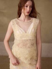 MOTF PREMIUM BLUSA ELEGANTE DE MUJER CON BORDADO DE CUENTAS TRANSPARENTE - Albaricoque - Ver 4