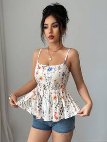 SHEIN Elenzya 女士夏季印花方领收腰A字吊带背心，性感夏季上衣，印花吊带背心，时尚优雅度假风日常穿着 - 彩色 - 查看 5