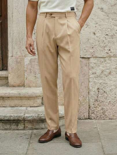 HIMLAND Men's Solid Color Casual Commuter Suit Pants With Toothpick Stripe Design ,Men's Beige Classic Fit Pleated Trousers ,Summer Smart Casual Khaki Chinos With Crease ,Old Money Style Linen Blend Pants ,Tailored Fit Straight Leg Dress Slacks ,Formal Trousers For Beach Wedding ,Vintage High Rise Beige Pants ,Wrinkle-Resistant Premium Dress Trousers ,High Waisted Beige Trousers ,Old Money Aesthetic Essential ,Khaki Straight Leg Chinos Beige Pants For Men Mens Dress Pants Men High Waisted Pants Mens Ple