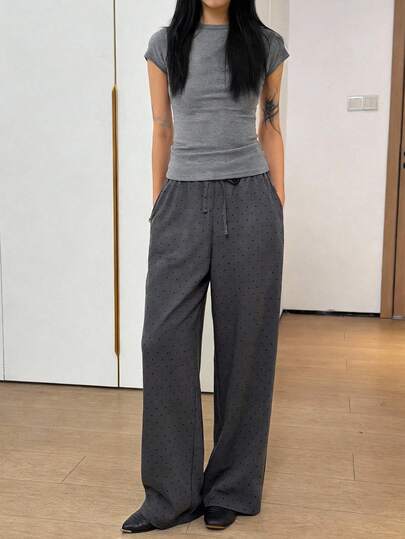 Easowa Pantalones anchos de uso diario con cintura con cordón y estampado de lunares para mujer