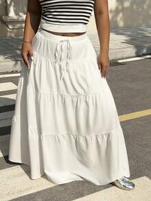 Muchica Váy nữ cỡ lớn màu trơn thắt eo xếp ly dáng suông - trắng - Xem 5