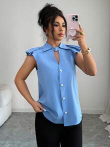 Elenzga Blue Sleeveless Pearl Button Summer Casual Hollow Out Lapel Blouse, Commuting & Daily Wear - Blue - View 6