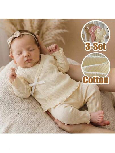 Loomiva Newborn Baby Girl 6pcs Set: Solid Color Knit Soft Crew Neck Long Sleeve Cardigan And Elastic Waist Pants