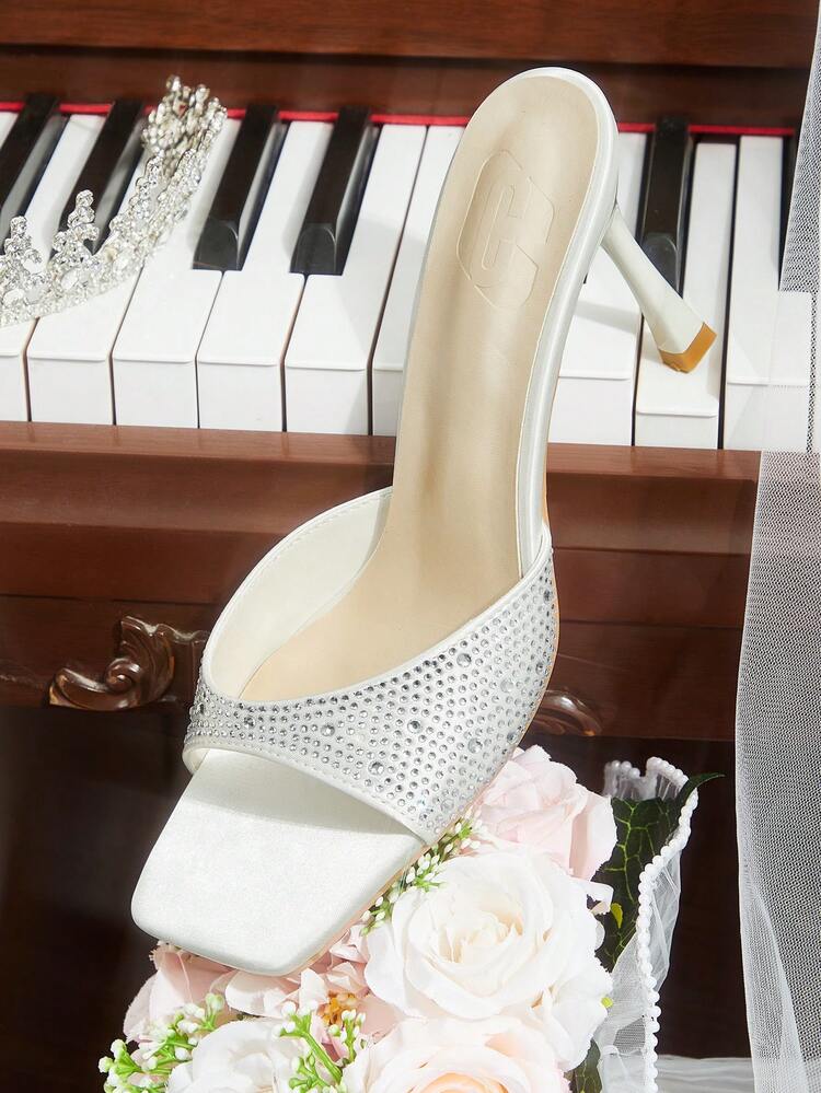 CUCCOO HITCHD New Beige Thin Heel Square Toe Diamond Fashionable Versatile Women's High Heel Shoes Wedding Shoes Summer Shoes Bride Shoes