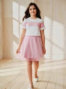 Anewsta Tween Girl Colorblock Lace Patchwork T-Shirt And Mesh Skirt Set, Spring/Summer - Pink - View 6