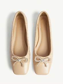CUCCOO CHICEST Square Toe Loafers, Soft Sole Bow Decor Elegant Versatile Comfortable Slip-On Flat Apricot Shoes Wedding Shoes Spring Shoes Bride Shoes - Apricot - View 1