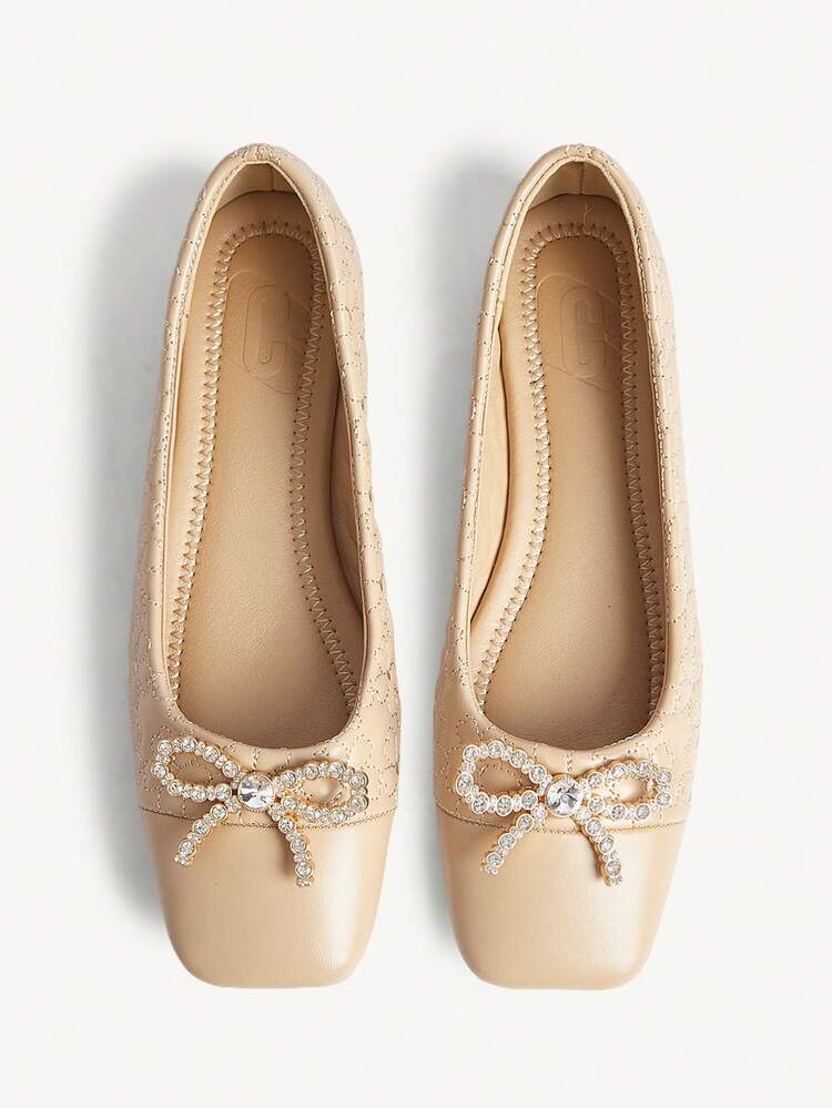 CUCCOO CHICEST Square Toe Loafers, Soft Sole Bow Decor Elegant Versatile Comfortable Slip-On Flat Apricot Shoes Wedding Shoes Spring Shoes Bride Shoes