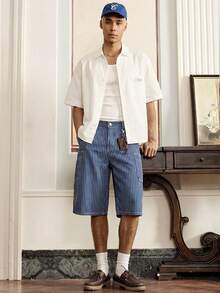 SWAVVY 条纹宽松腰带环时尚百搭牛仔短裤 - 藍色 - 查看 3