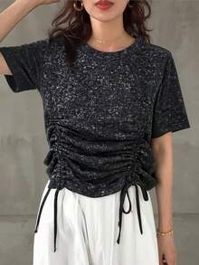 FRIFUL Camiseta holgada y versátil de manga corta con cordón, a cuadros, para mujer, primavera/verano - Gris Oscuro - Ver 6