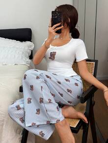 Napfluff Bộ đồ ngủ nữ hình gấu dễ thương, gồm áo ôm sát và quần rộng thoải mái có ren. - Xanh và trắng - Xem 1