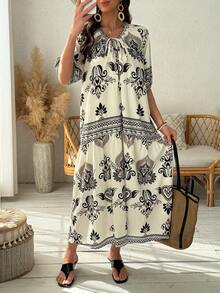 Vivie Lora Women's Loose Fit Round Neck Vacation Style Mid-Length Dress - Black and White - View 4