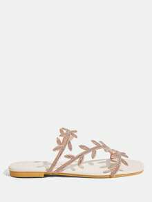 CUCCOO TILAWA Women's Rhinestone Plant Design Casual Flat Sandals - Gold - View 2