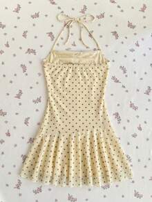 Elamini 女士黄色波点印花针织网眼衬里露背系带修身荷叶边迷你连衣裙，优雅复古浪漫可爱，适合春夏度假、休闲、约会、通勤等场合。 - 黃色 - 查看 2