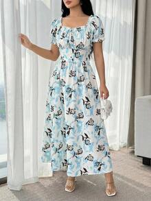 Modelyn Vestido de línea A con cintura ceñida y mangas de pétalos para una vacación romántica para mujeres - Multicolor - Ver 2