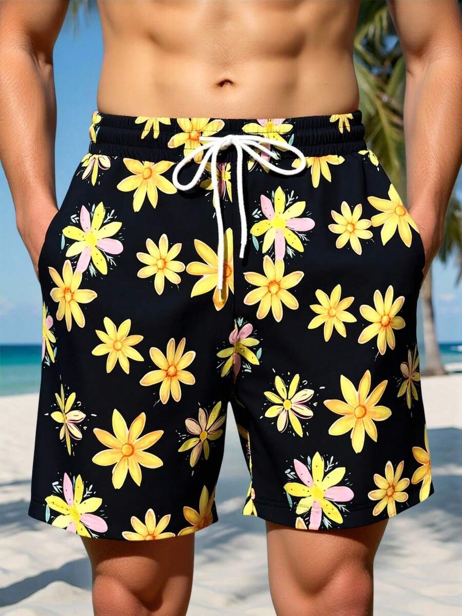 Manfinity Swimmode Quần short nam dáng casual, in họa tiết hoa, có dây rút, thích hợp mặc đi biển. - màu đen - Xem 1