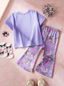 HELLO KITTY AND FRIENDS | SHEIN 女婴卡通印花圆领短袖T恤和喇叭裤休闲套装 - 淡紫色 - 查看 2