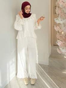 DAZY 浪漫轻盈纹理面料荷叶边女士睡衣套装 - 白色 - 查看 5