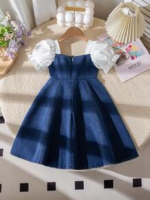 SHEIN Genkimix Kids 女童夏季韩版3D蝴蝶结牛仔连衣裙，适合女孩日常休闲穿着和上学穿着 - 藍色 - 查看 2
