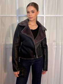 Aless PB 女式黑色 PU 皮革复合仿兔毛领夹克 - 黑色 - 查看 5