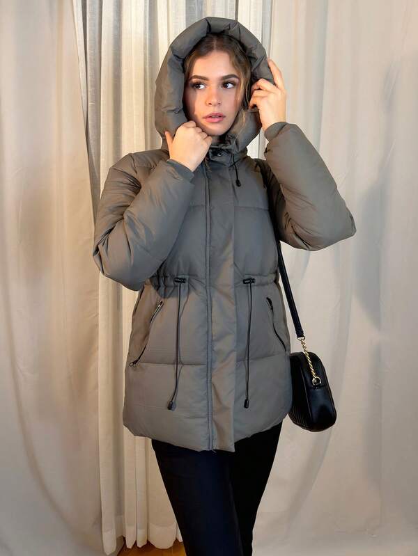 Aless PB Fashionable Casual Adjustable Waist Quilted Mid-Length Hooded Padded Padded Coat Clothes Winter For Women 