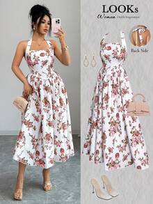SHEIN Elenzya Women's Elegant Floral Print Backless Halter Dress, Summer - Red and White - View 1
