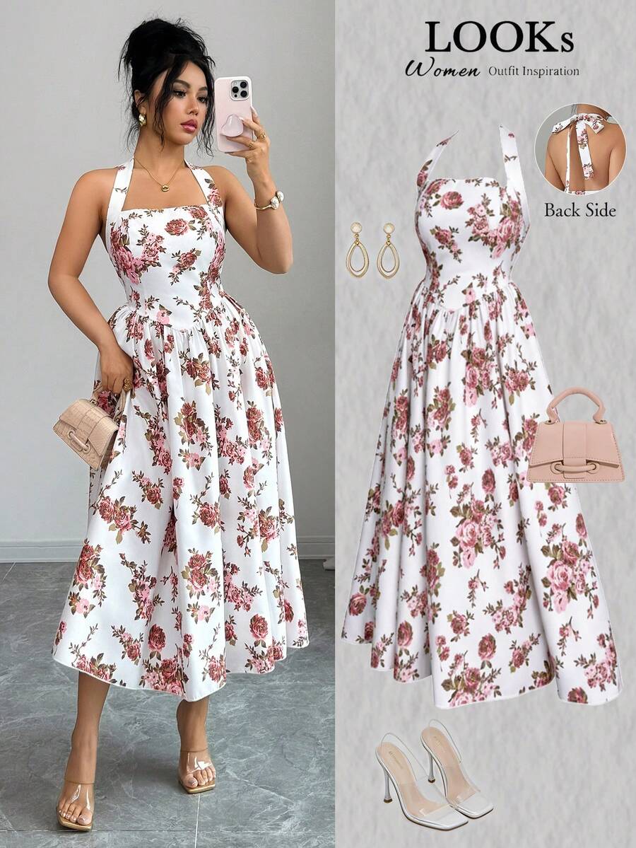 SHEIN Elenzya Women's Elegant Floral Print Backless Halter Dress, Summer - Red and White - View 1