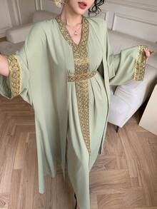 DAZY Women's Elegant Contrast Color Sequin Patchwork Robe & Robe Two Pieces Set, Spring/Summer - Green - View 10