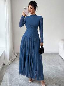 Modelyn Gaun Wanita Model French Style dengan Kerah Tinggi dan Renda serta Pinggang yang Diikat - Navy Blue - View 3