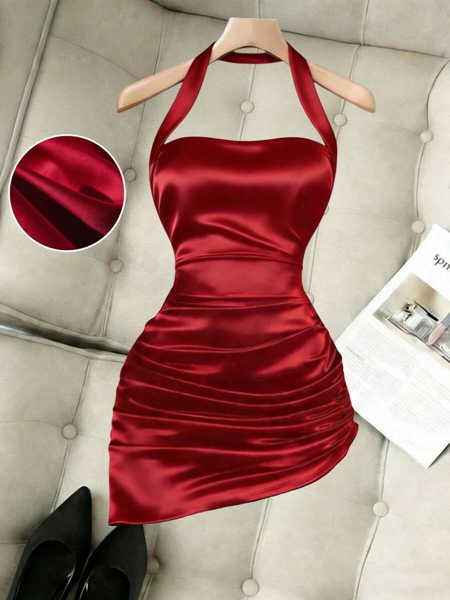 Franclia Đầm ngắn satin cổ yếm hở lưng có dây rút, dáng bất đối xứng, xếp ly, thích hợp cho mặc thường ngày, đi làm, hẹn hò lãng mạn, hoặc dịp lễ Tết. - Đỏ - Xem 1