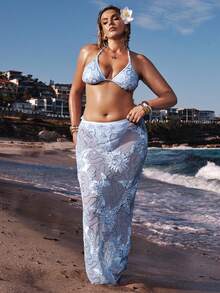 SHEIN BAE Plus Size Turquoise Sexy Lace Floral Bikini Two Pieces Swimwear Summer Beach Vacation Bathing Suit - Blue - View 4