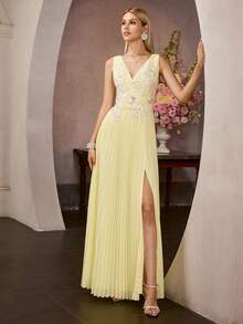 MOTF Soiréza Đầm chiffon vàng không tay cổ chữ V thêu hoa và đính sequin, phần trên ôm sát, dáng chữ A xếp ly xẻ tà, khóa kéo giữa lưng – phong cách thanh lịch, quyến rũ, lý tưởng cho các buổi tiệc tối, tiệc trang trọng, tiệc cưới, tiệc ngoài trời. - Màu vàng - Xem 8