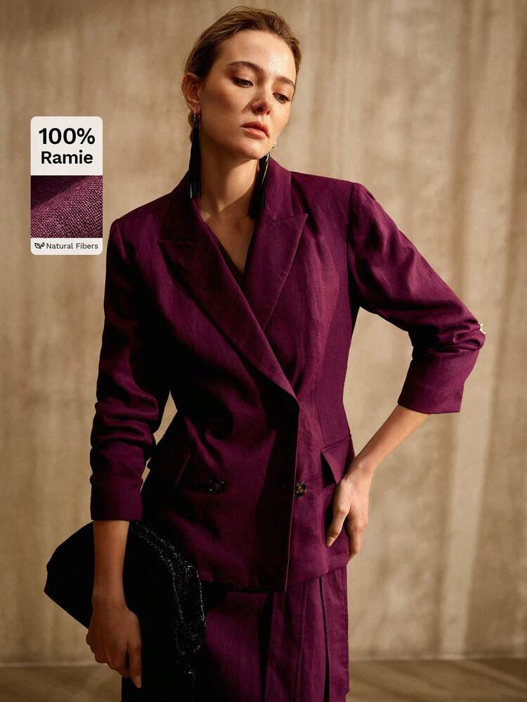 100% RAMIE DOUBLE BREASTED FITTED BLAZER, OLD MONEY VINTAGE STYLE, SPRING SUMMER, LINEN