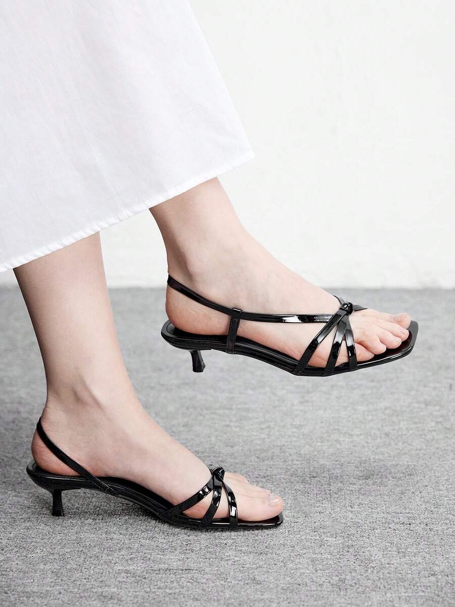 CUCCOO BIZCHIC 女鞋春夏新款黑色细条纹露趾中跟凉鞋简约时尚舒适日常百搭通勤凉鞋女鞋 - ~黑 - 查看 1