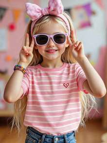 SHEIN 女童休闲条纹爱心印花圆领常规T恤，百搭甜美风格，适合春夏日常穿着和外出活动 - 彩色 - 查看 1