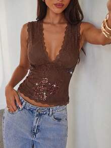 Aloruh Women's Brown Lace V-Neck Sleeveless Sequin Embroidered Tank Top - Brown - View 5