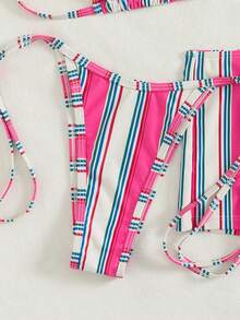 Bonvoyette 夏季度假性感时尚撞色条纹印花三件套比基尼 - 彩色 - 查看 5